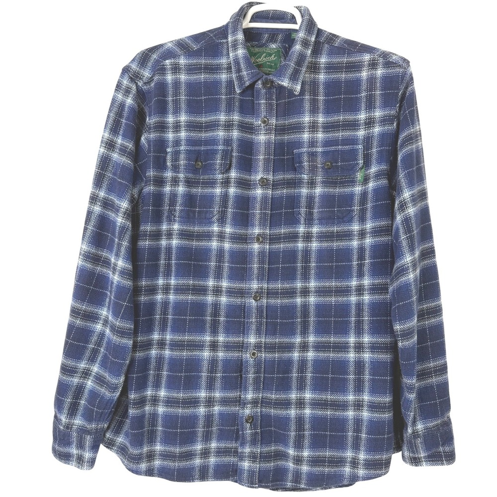 Woolrich Plaid Flannel Shirt Jacket Shacket XL Blue Side Pockets Button Up